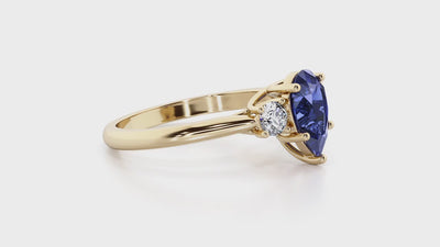 Blue Sapphire and Lab Grown Diamond 3-Stone Trellis Ring 14K Gold 2 Carats Pear Shape