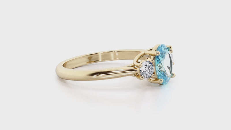 Swiss Blue Topaz and Lab Grown Diamond 3-Stone Trellis Ring 14K Gold 1.60 Carats Oval