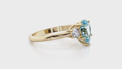 Swiss Blue Topaz and Lab Grown Diamond 3-Stone Trellis Ring 14K Gold 1.80 Carats Pear Shape