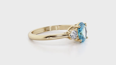 London Blue Topaz and Lab Grown Diamond 3-Stone Trellis Ring 14K Gold 1.60 Carats Oval