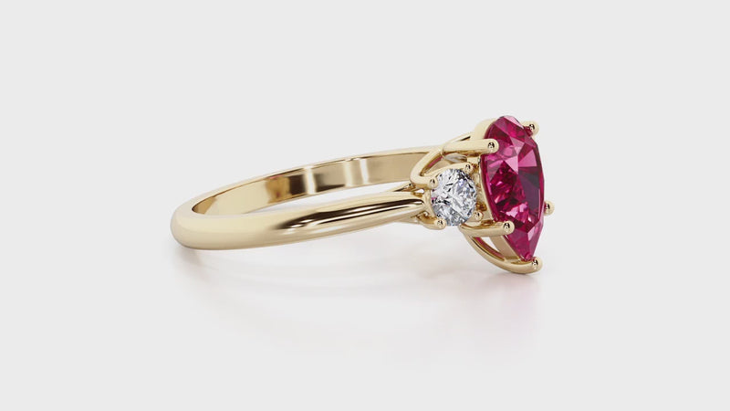 Created Ruby and Lab Grown Diamond 3-Stone Trellis Ring 14K Gold 2 Carats Pear Shape