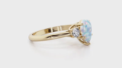 White Opal and Lab Grown Diamond 3-Stone Trellis Ring 14K Gold 1.50 Carats Pear Shape