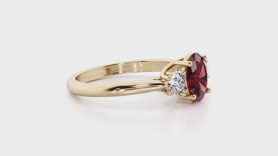 Garnet and Lab Grown Diamond 3-Stone Trellis Ring 14K Gold 1.80 Carats Oval