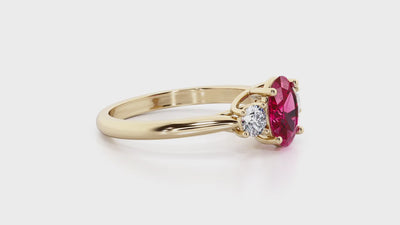 Ruby and Lab Grown Diamond 3-Stone Trellis Ring 14K Gold 2.10 Carats Oval