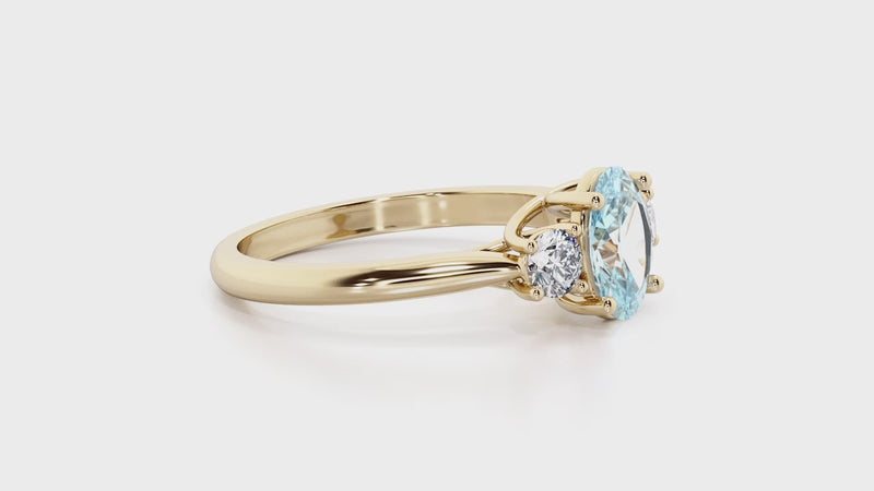 Aquamarine and Lab Grown Diamond 3-Stone Trellis Ring 14K Gold 1.30 Carats Oval