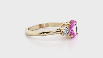 Pink Sapphire and Lab Grown Diamond 3-Stone Trellis Ring 14K Gold 2.10 Carats Oval