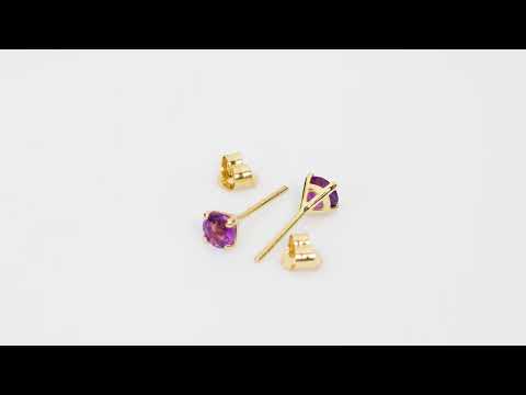 Video of  4mm Round Amethyst Solitaire Stud Earrings in 14K Yellow Gold.  Includes a Peora gift box. Free shipping, 45-day returns, authenticity guaranteed. E19330