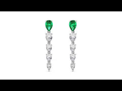 Pear Shape Colombian Emerald & Lab Grown Diamond Line Drop Earrings 14K White Gold 4.65 Carats