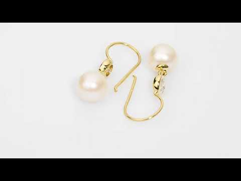 Video of 8mm Freshwater Cultured White Pearl and Cubic Zirconia Fish Hook Earrings in 14K Yellow Gold.  Includes a Peora gift box. Free shipping, 45-day returns, authenticity guaranteed. E19358